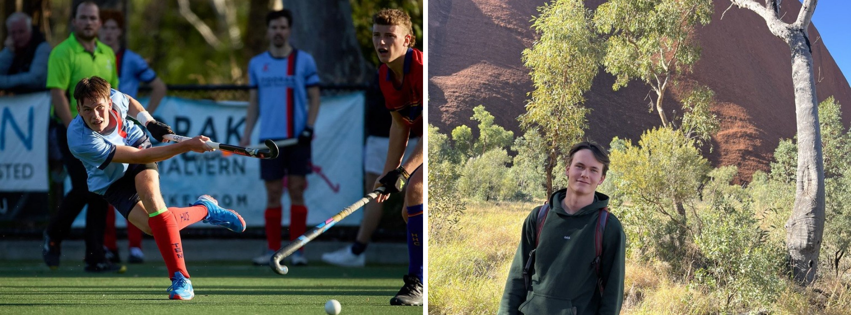 Two images of Caspar. One playing Hockey, the other in front of a mountain