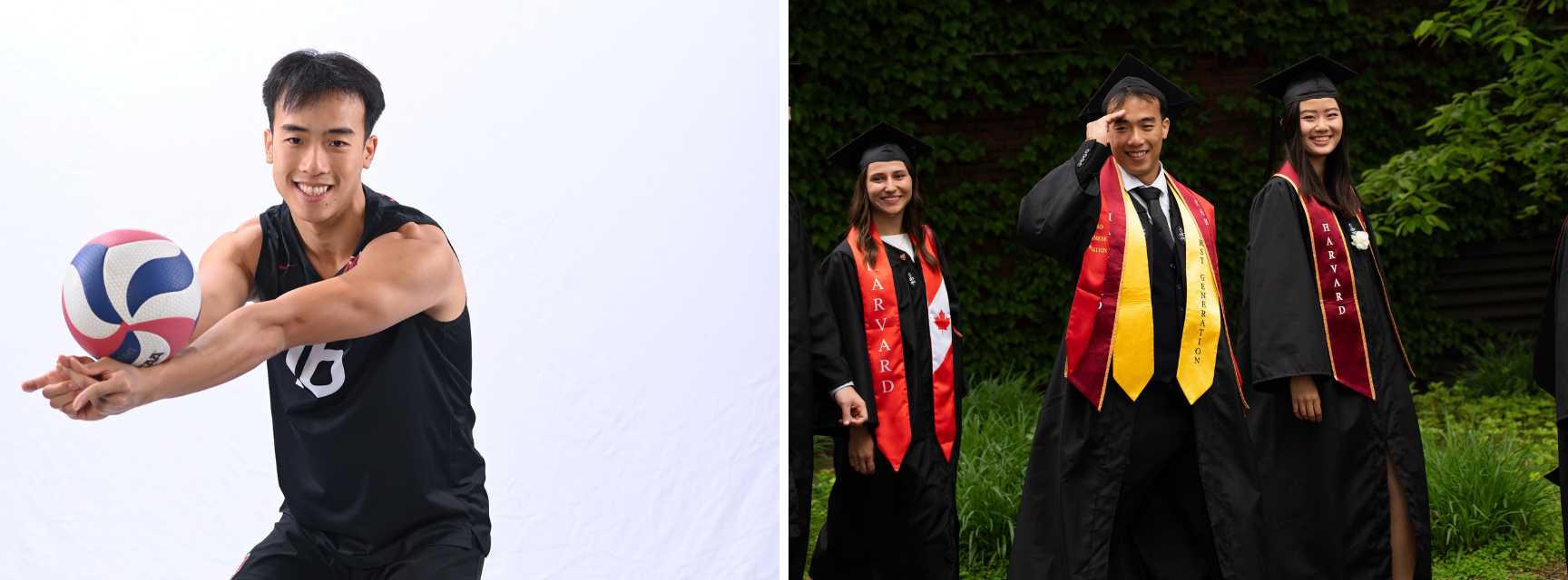 Xuanthe Nguyen posing for a volleyball photo and in an academic gown