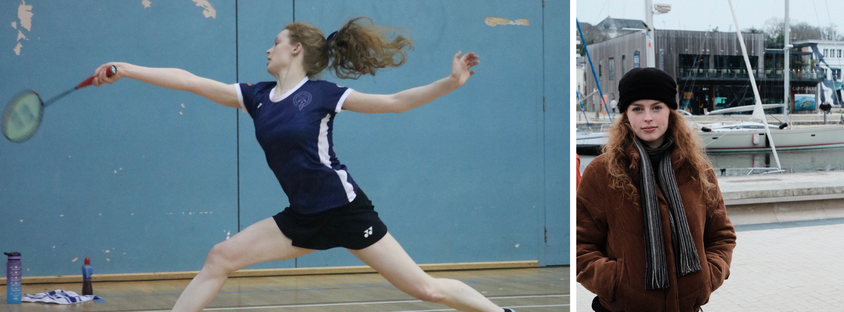 Sophie Taylor playing badminton for Oxford University Badminton Club and posing for a photo in from of a boat