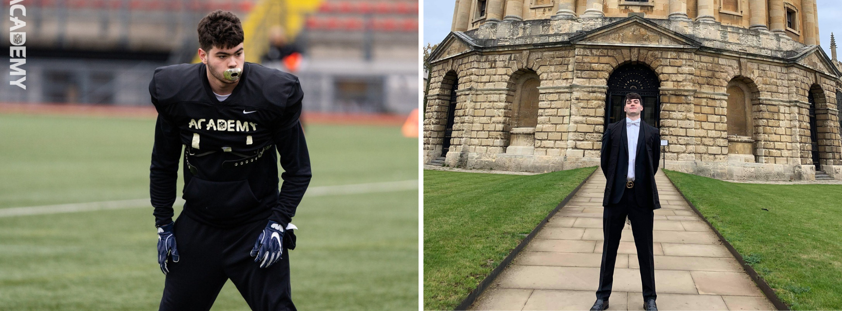 One image of Alex Greenhalgh in American Football kit stood on a pitch and another of him in academic dress