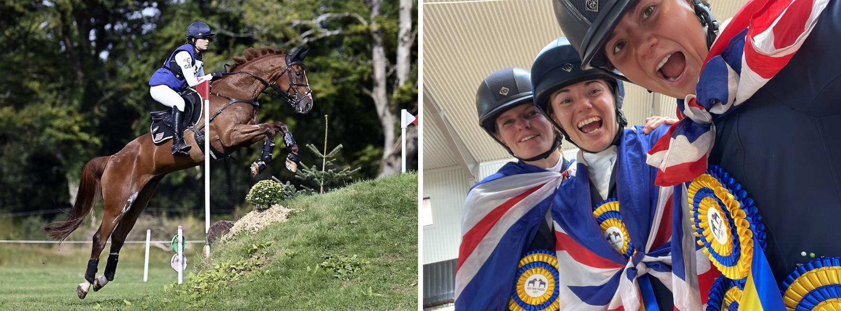 Picture of Tarka Abraham riding a horse and picture of them posing with a rosette with two fellow athletes