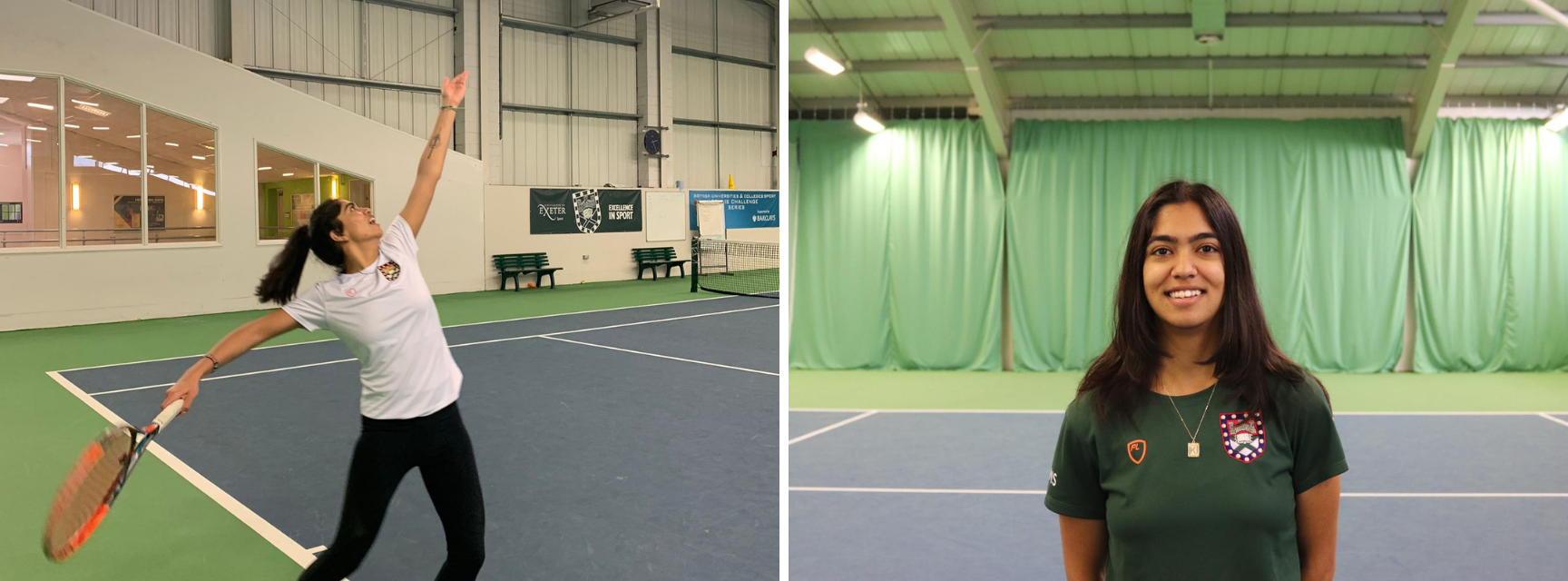 Image of Sneha Kotecha playing tennis and a profile image of Sneha Kotecha