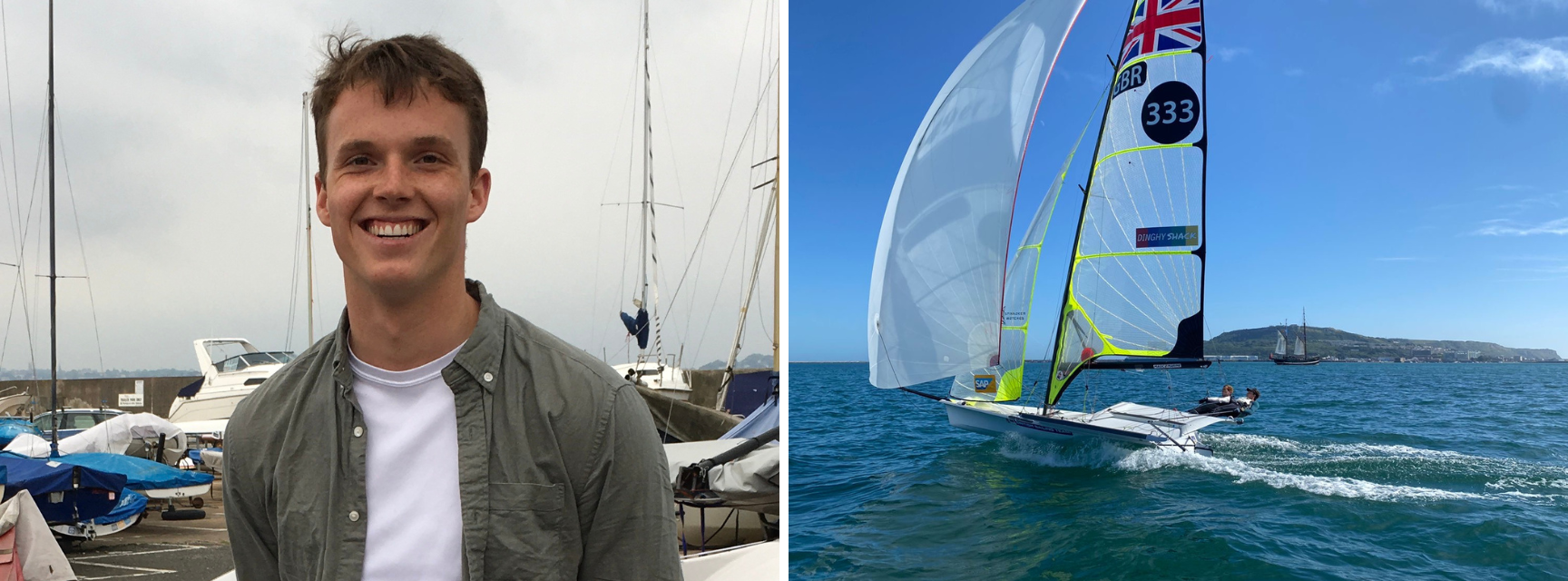 A profile image of Fin Armstrong next to a photo of him sailing