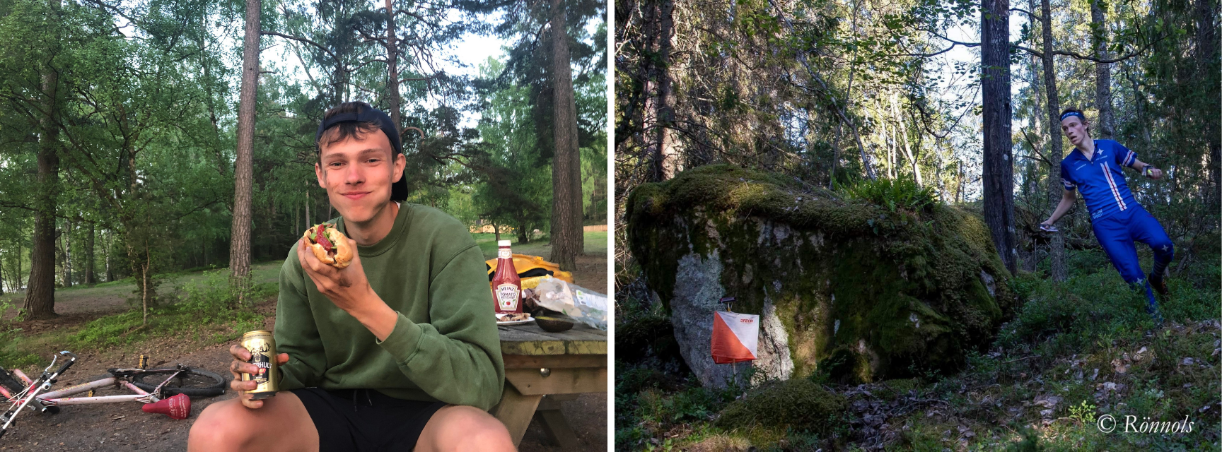 Zac Hudd profile image and Zac Hudd running through woods while orienteering