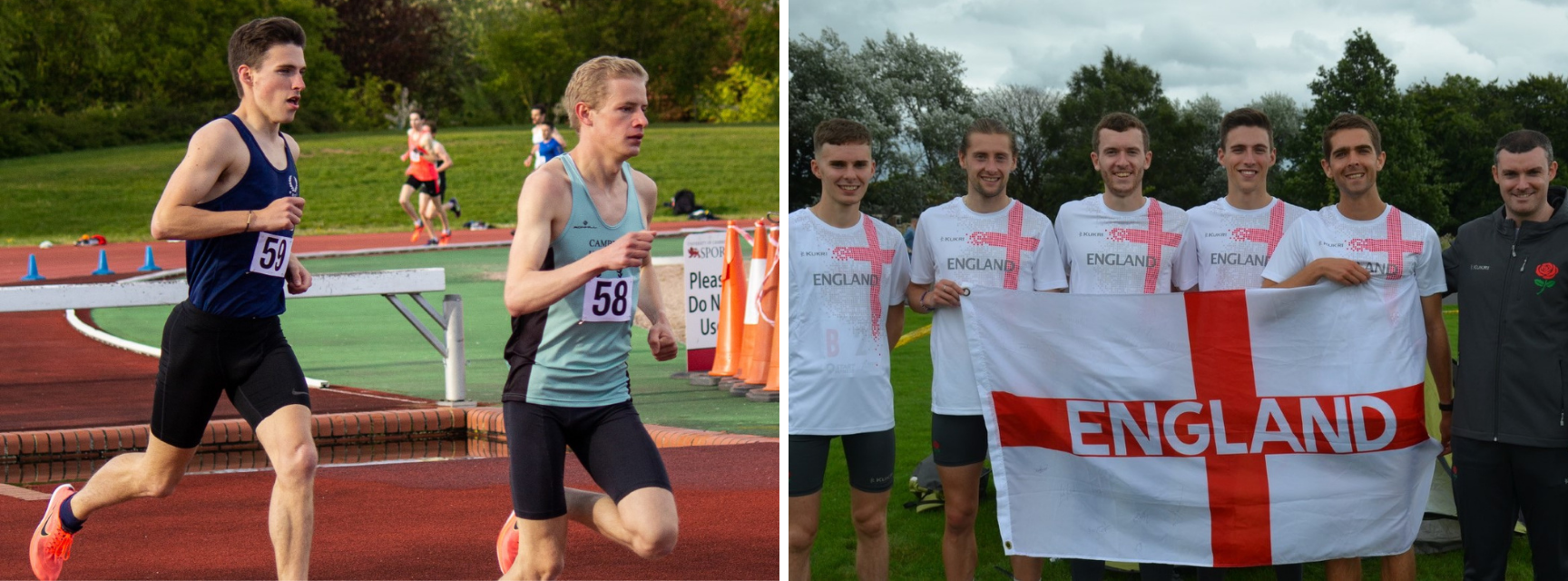 Two picture of Miles running in competitions, one for Oxford and one for England