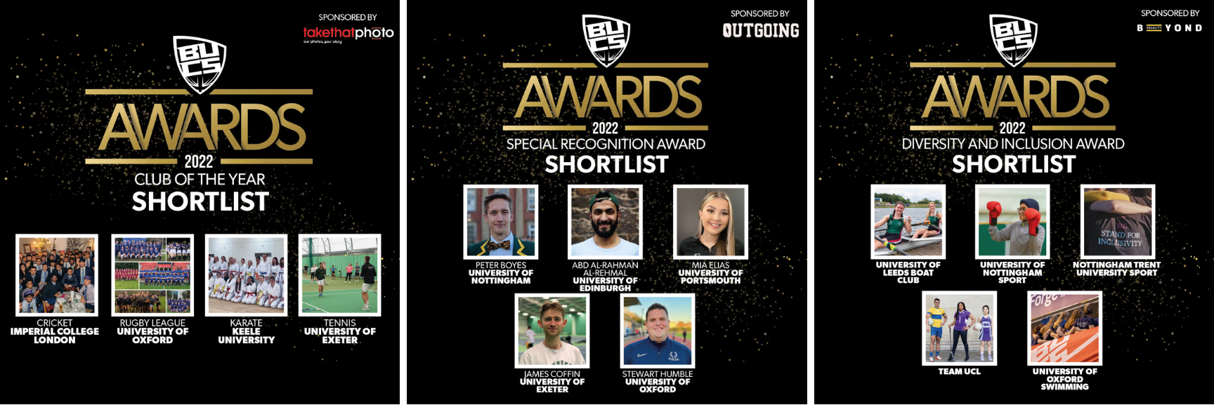3 Graphics containing the BUCS Awards Shortlists for Oxford nominated clubs and athletes