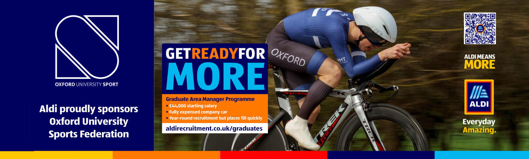 A cycling in Oxford University kit, racing on a road bike, with some graphical information about the Aldi Graduate Area Manager programme. Follow the link for details