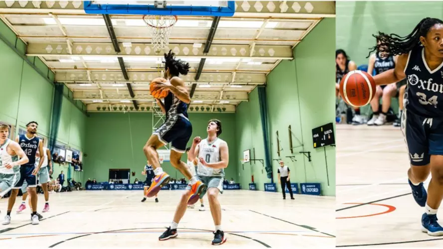 Men playing basketball in the Oxford vs Cambridge Varsity match, with a crowd watching from behind the basket